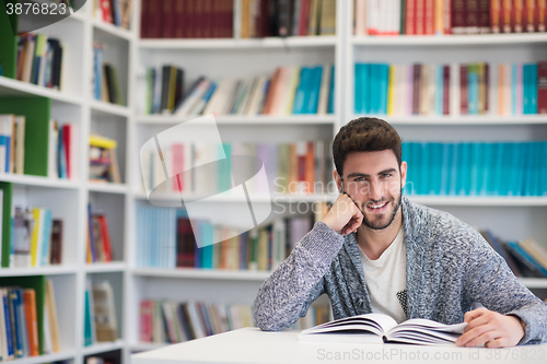 Image of portrait of student while reading book  in school library