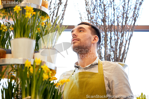 Image of florist man with narcissus flowers at flower shop