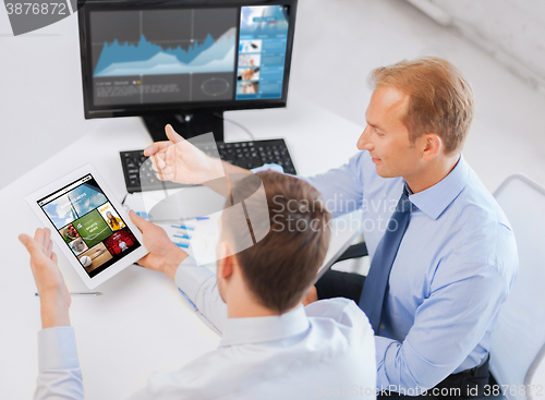 Image of businessmen tablet pc using applications at office