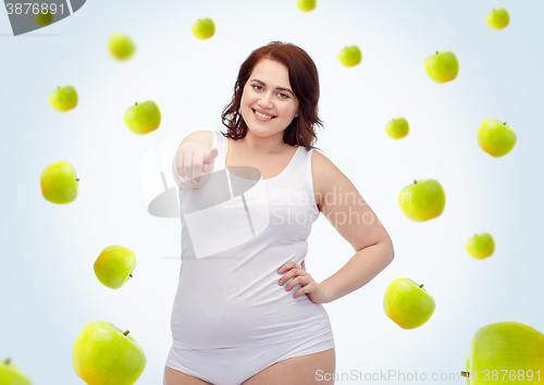 Image of plus size woman in underwear pointing on you