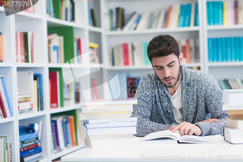 Image of portrait of student while reading book  in school library