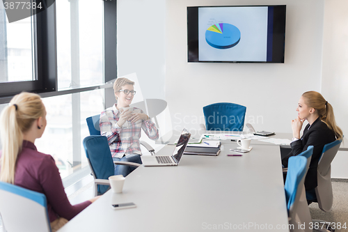 Image of young business people group on meeting at modern office