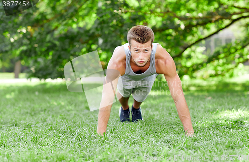 Image of young man doing push ups on grass in summer park