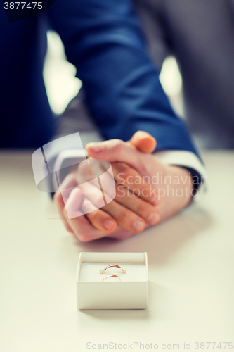 Image of close up of male gay couple and wedding rings