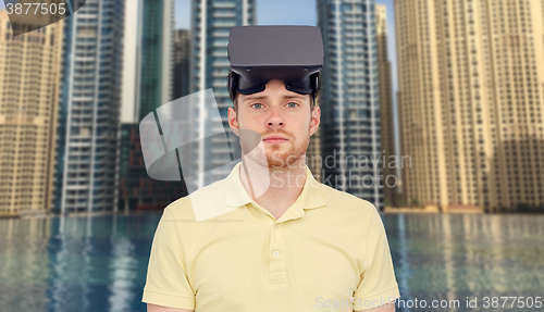 Image of man in virtual reality headset or 3d glasses