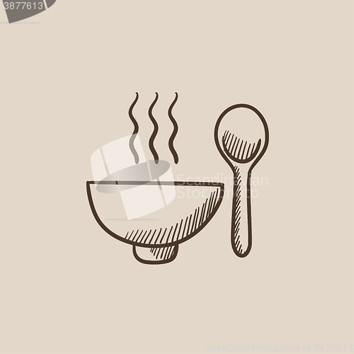 Image of Bowl of hot soup with spoon sketch icon.