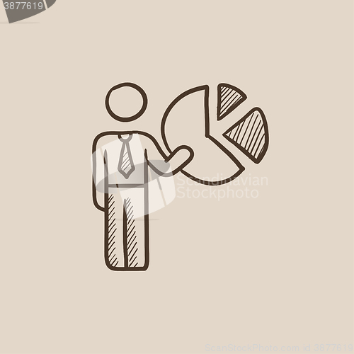 Image of Businessman pointing at the pie chart sketch icon.