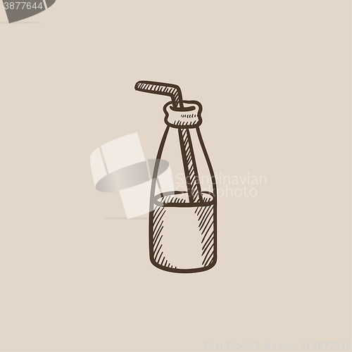 Image of Glass bottle with drinking straw sketch icon.