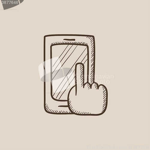 Image of Finger pointing at smart phone sketch icon.
