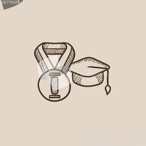 Image of Graduation cap with medal sketch icon.