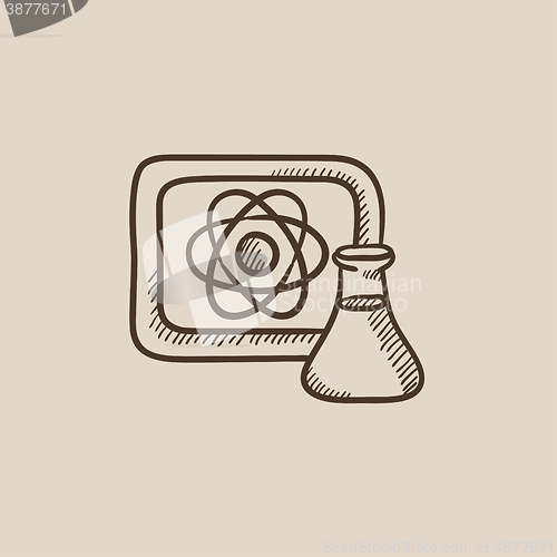 Image of Atom sign drawn on board and flask sketch icon.