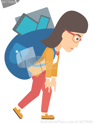 Image of Woman with backpack full of devices.