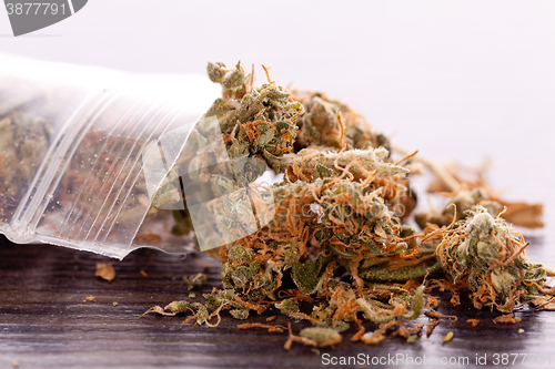 Image of Close up Dried Marijuana Leaves on the Table