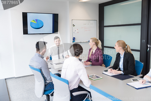 Image of young business people group on team meeting at modern office