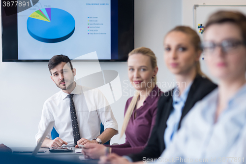 Image of young business people group on team meeting at modern office