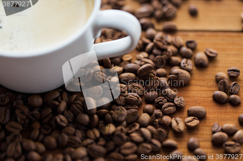 Image of close up coffee cup and beans on wooden table