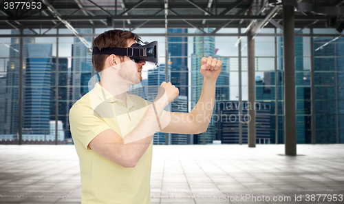 Image of man in virtual reality headset or 3d glasses