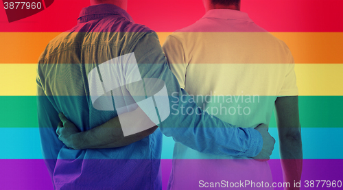 Image of close up of happy male gay couple hugging