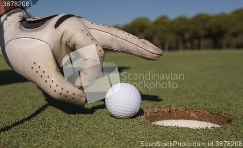 Image of man\'s hand putting golf ball in hole