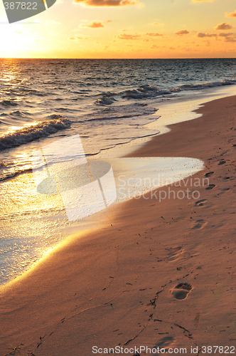 Image of Footprints on sandy beach at sunrise