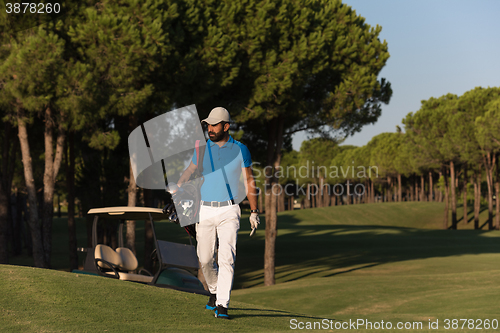 Image of golfer  walking and carrying golf  bag