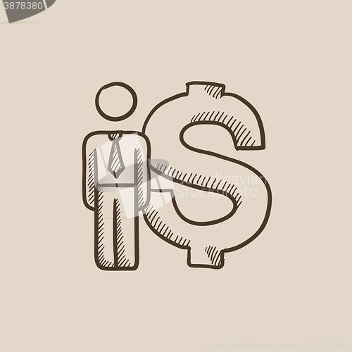 Image of Businessman standing beside the dollar symbol sketch icon.