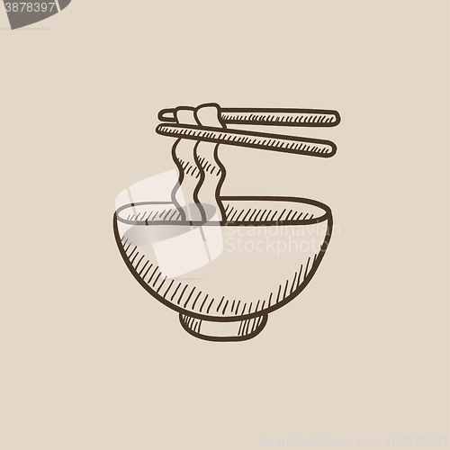 Image of Bowl of noodles with pair chopsticks sketch icon.