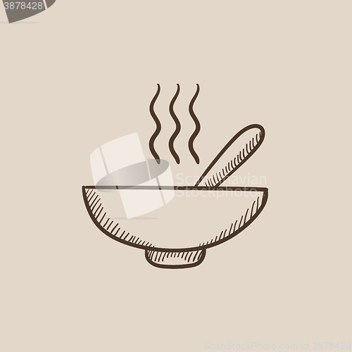 Image of Bowl of hot soup with spoon sketch icon.