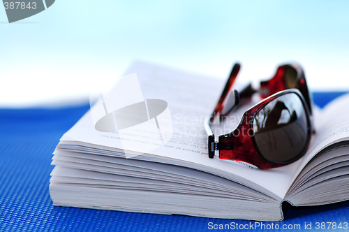 Image of Sunglasses and book on beach chair