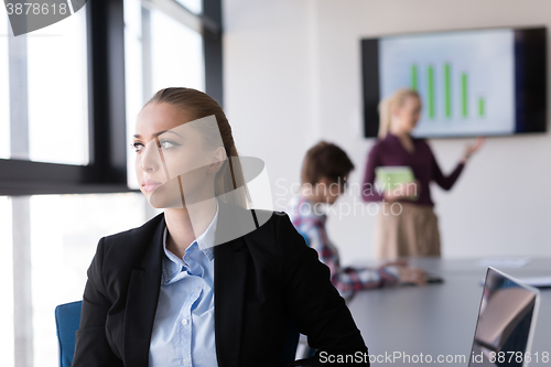 Image of portrait of young business woman at office with team on meeting 