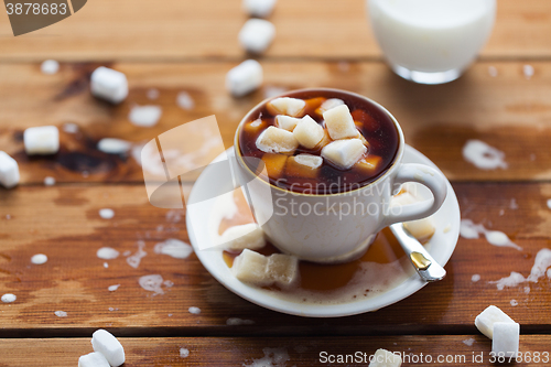 Image of close up of sugar in coffee cup on wooden table