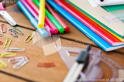 Image of close up of stationery or school supplies on table