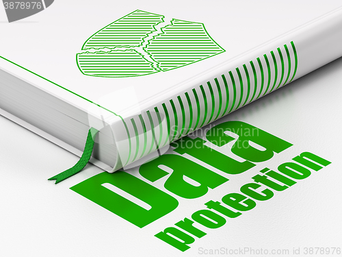 Image of Protection concept: book Broken Shield, Data Protection on white background