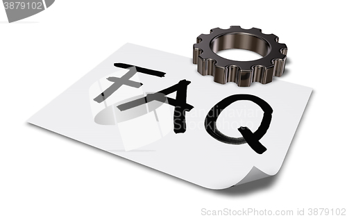 Image of the word faq on paper sheet and gear wheel - 3d rendering