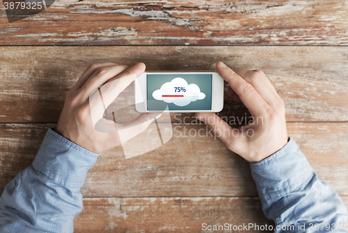 Image of close up of hands with smartphone cloud computing