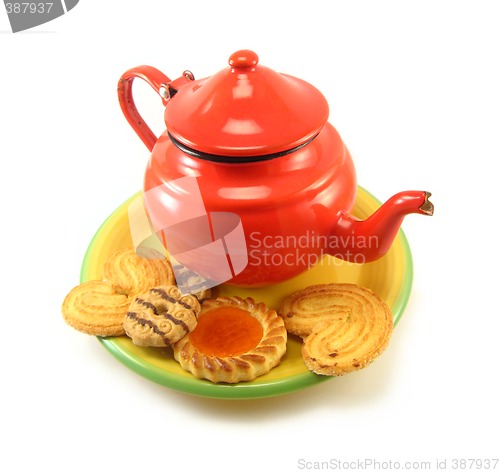 Image of red teapot and biscuits