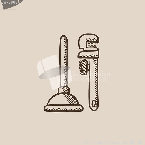 Image of Pipe wrenches and plunger sketch icon.