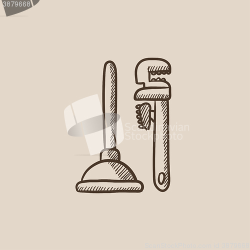 Image of Pipe wrenches and plunger sketch icon.