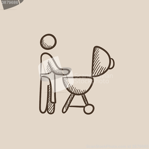 Image of Man at barbecue grill sketch icon.