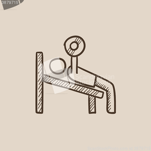 Image of Man lying on bench and lifting barbell sketch icon.