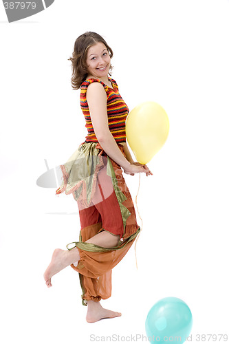 Image of Colorful dressed female with two balloons III