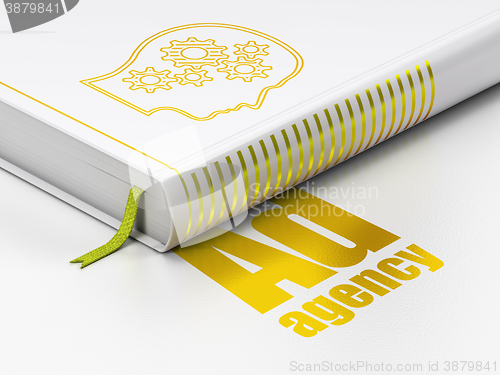 Image of Marketing concept: book Head With Gears, Ad Agency on white background