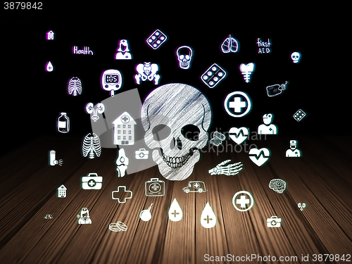 Image of Health concept: Scull in grunge dark room