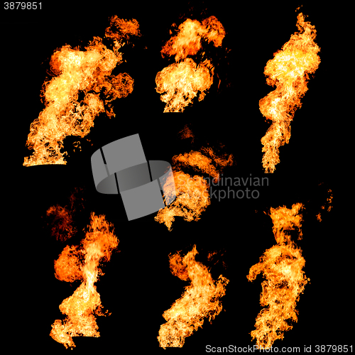 Image of Raging fire spurts of flame texture photo set on black