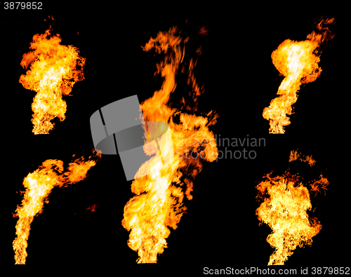 Image of Set of gas flares blazing fire spurts and glowing flames