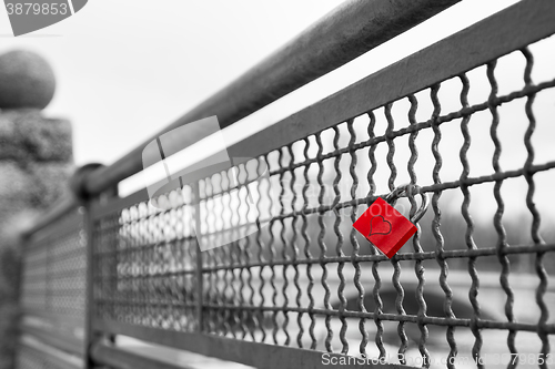 Image of Red love lock padlock with heart symbol of unbreakable love