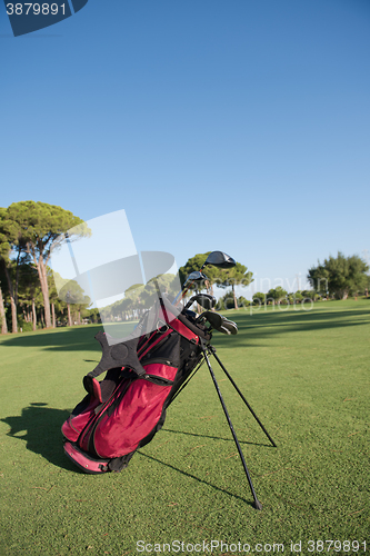 Image of close up golf bag on course