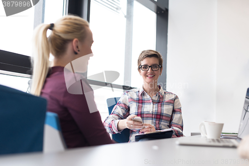 Image of young business woman at modern office meeting room