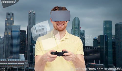 Image of man in virtual reality headset or 3d glasses