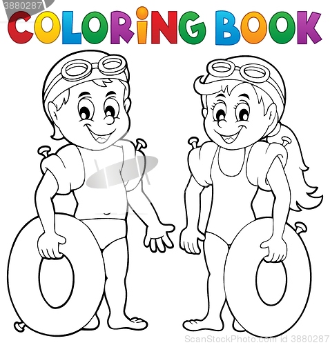 Image of Coloring book boy and girl swimmers